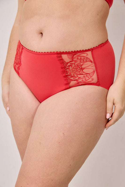 POÉSIE : Culotte haute rouge en tulle et broderie française
