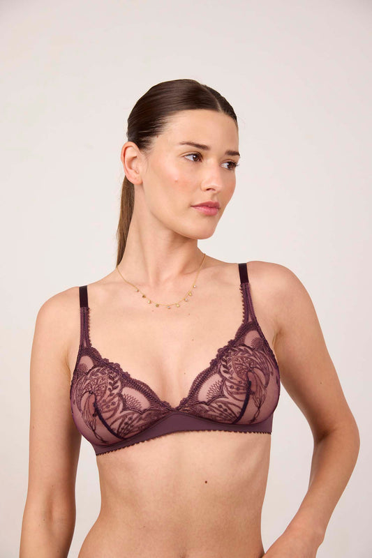 POÉSIE : Soutien-gorge pourpre triangle sans armatures en broderie française
