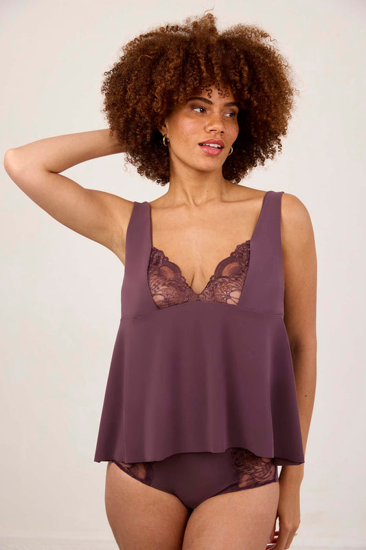 POÉSIE : Top pourpre en tulle et broderie française